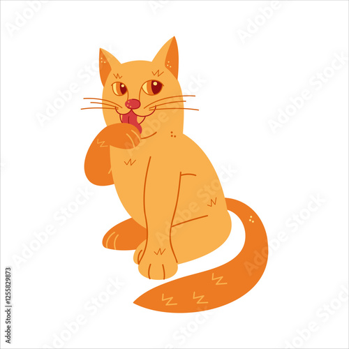 Cute cat lick a paw color. Hand drawn clip art for your project.