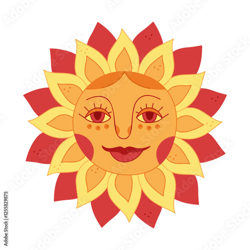 Sun with a face for Shrovetide color. Hand drawn clip art for your project.