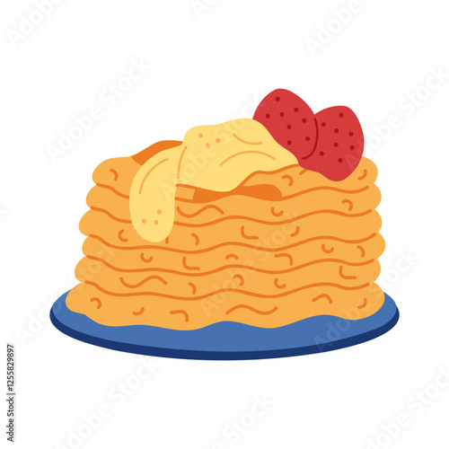 Stack of pancakes with strawberries and cream color. Hand drawn clip art for your project.