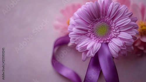 Pink and Purple Gerbera Daisies with Ribbon on Pink Background