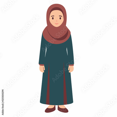 a cartoon muslim women in traditional brown green clothing.Isolated on white background. Front view. Vector illustration. 