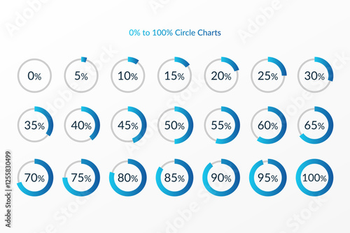 5 10 15 20 25 30 35 40 45 50 55 60 65 70 75 80 85 90 95 100 percent isolated circle chart set. Vector infographic icon for business, finance, web design, download, progress