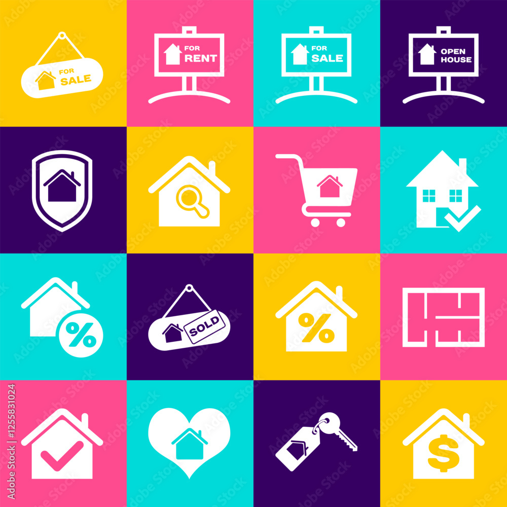 Set House with dollar, plan, check mark, Hanging sign For Sale, Search house, under protection, and Shopping cart icon. Vector Set House with dollar, plan, check mark, Hanging sign For Sale, Search house, under protection, and Shopping cart icon. Vector