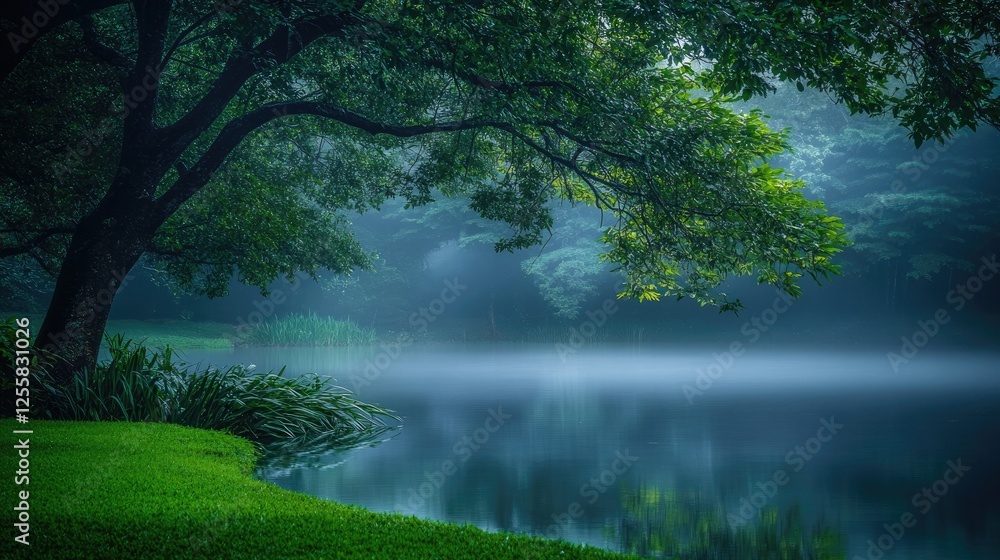Tranquil Mist Surrounded by Lush Green Plants and Dense Foliage Tranquil Mist Surrounded by Lush Green Plants and Dense Foliage