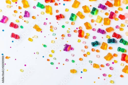 Colorful assortment of gummy bears and candy scattered on a white background during a festive occasion