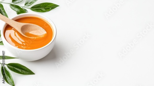 Wallpaper Mural White bowl with bright orange pumpkin soup, surrounded by green leaves Torontodigital.ca