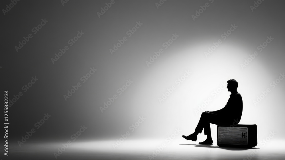 Silhouette of seated person in spotlight, isolated against gray background Silhouette of seated person in spotlight, isolated against gray background