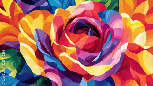 A vibrant floral rose design with overlapping petals in bright, contrasting colors, creating an energetic and bold composition.