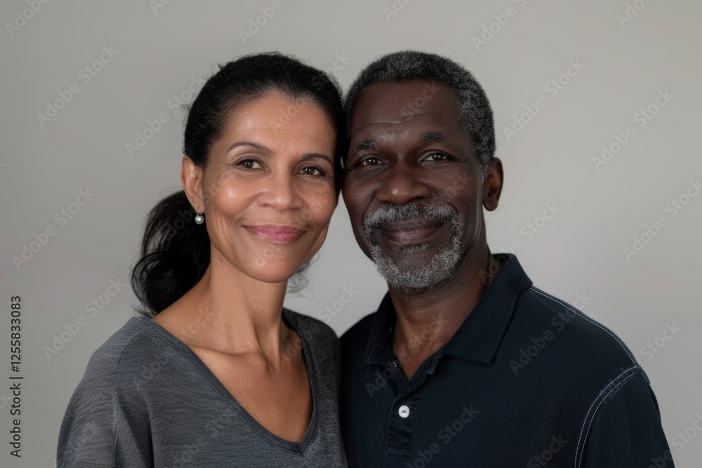 Portrait of a blissful multiethnic couple in their 50s donning a classy polo shirt on minimalist or empty room background Portrait of a blissful multiethnic couple in their 50s donning a classy polo shirt on minimalist or empty room background