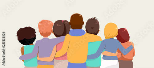 Back view multi-ethnic group of people embracing togetherness concept vector illustration