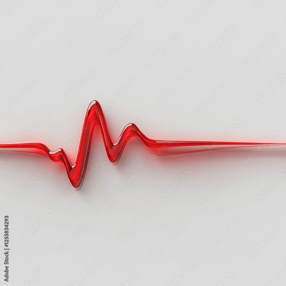 Minimalist red heartbeat waveform on white background with glossy effect Minimalist red heartbeat waveform on white background with glossy effect
