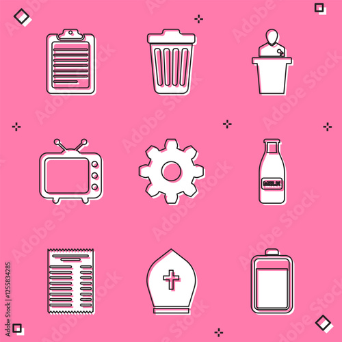 Set Clipboard with document, Trash can, Speaker, Television tv, Cogwheel gear settings and Glass bottle milk and cap icon. Vector