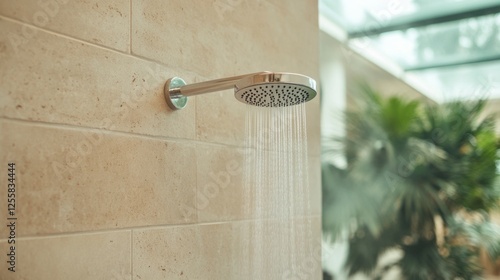 Modern Shower Head with Steaming Hot Water Cascading Elegantly Over Sleek Wall and Lush Greenery in Background