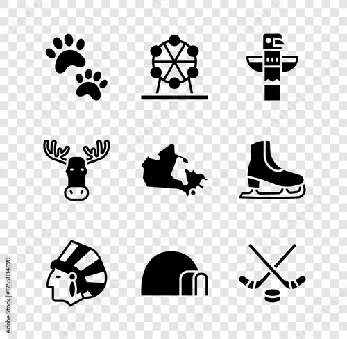 Set Paw print, Ferris wheel, Canadian totem pole, Native American Indian, Igloo ice house, Ice hockey sticks and puck, Moose head with horns and Canada map icon. Vector