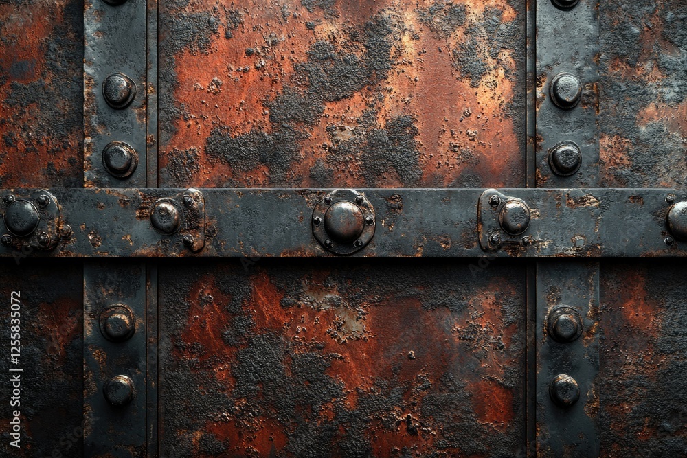 Rusty metal texture with rivets and dark patina, showing age and decay. Rusty metal texture with rivets and dark patina, showing age and decay.