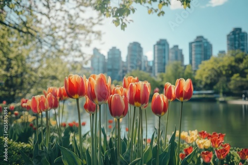 Bright red tulips in full bloom by a tranquil lake with a backdrop of urban skyscrapers and lush green trees, blending nature and cityscape under a clear blue sky