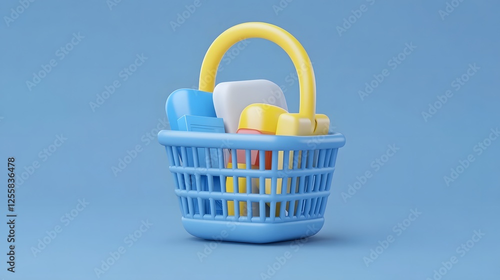 Fototapeta premium 3D Shopping Basket with Floating Products on Clean Background,Representing E-commerce