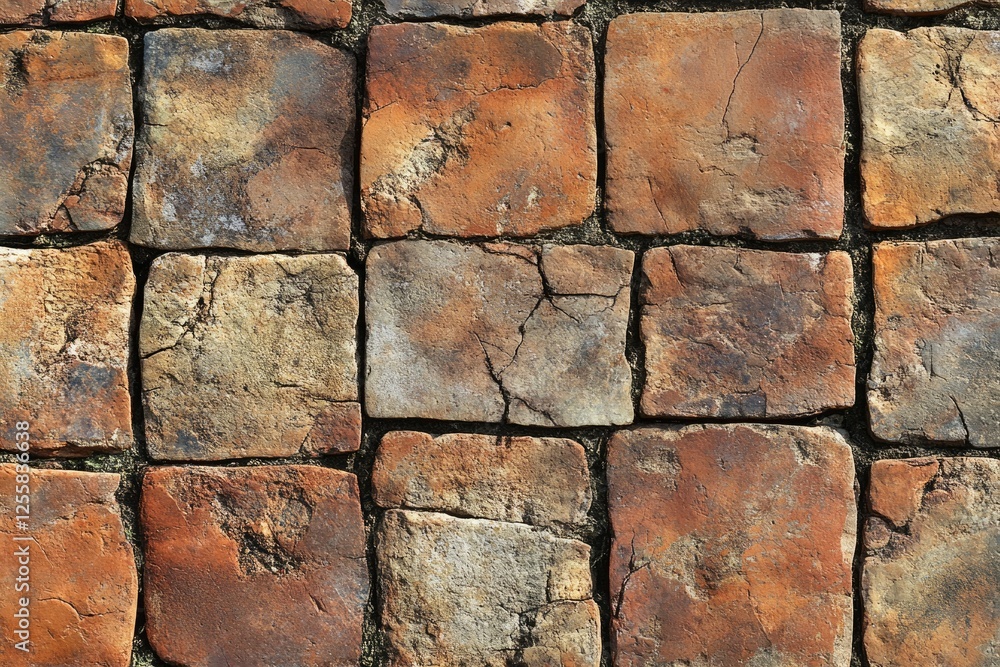 Close-up of a weathered brick pavement showing variations in color and texture. Close-up of a weathered brick pavement showing variations in color and texture.