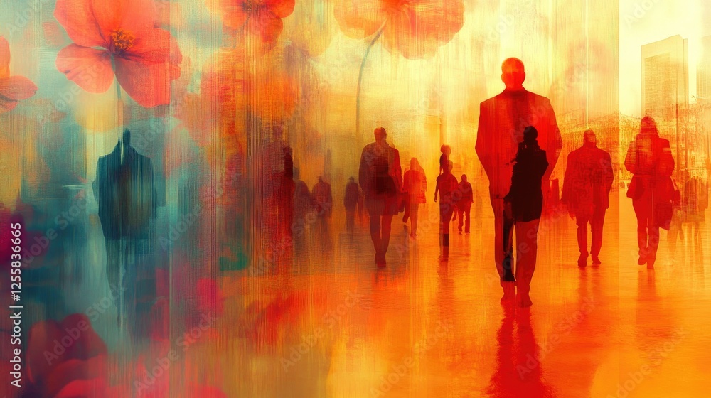 Obraz premium Abstract Urban Silhouettes in Vibrant Watercolor with Floral Accents