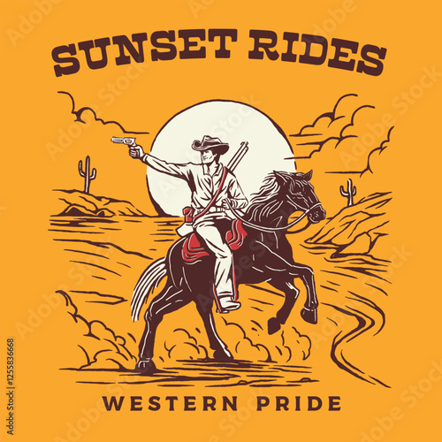 A nostalgic vintage illustration of a cowboy riding through the desert at sunset, capturing the beauty and resilience of the old west lifestyle.