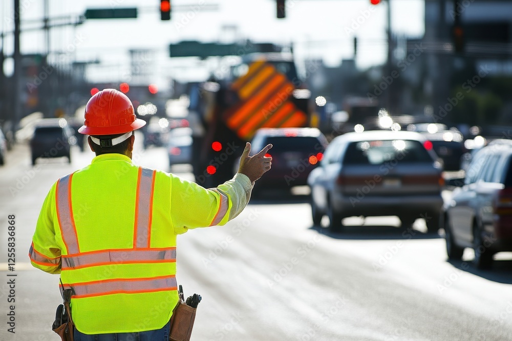 Obraz premium Construction Worker Directing Traffic on Busy Urban Street