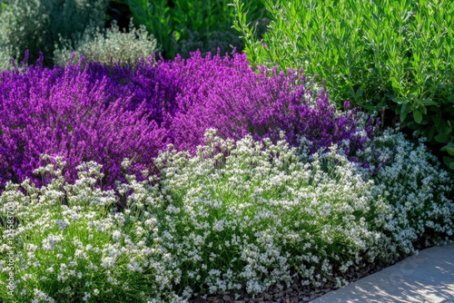 A beautifully landscaped garden showcasing vivid lavender and white flowers against lush green foliage, creating a stunning natural contrast in a peaceful outdoor setting