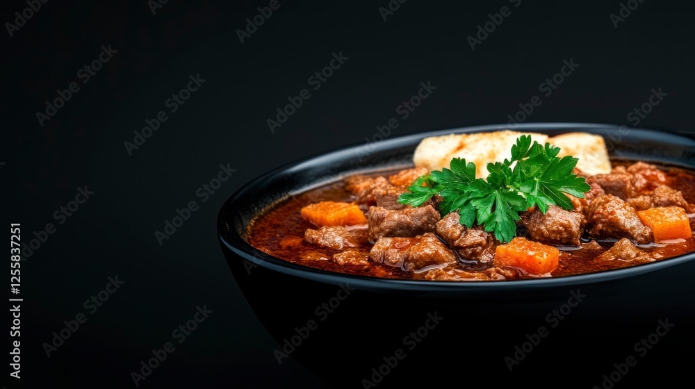 Traditional Polish Cuisine: Hearty Beef Stew with Carrots and Fresh Herbs in a Black Bowl on a Dark Background Traditional Polish Cuisine: Hearty Beef Stew with Carrots and Fresh Herbs in a Black Bowl on a Dark Background
