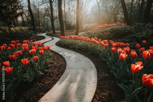 A curving garden path lined with blooming red tulips under soft sunlight, creating a serene and picturesque landscape that evokes natural beauty and harmony