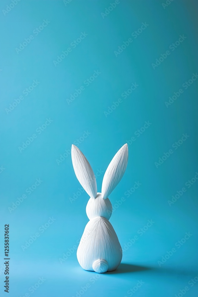 White, patterned rabbit turned around facing the bright blue background. Easter, trendy, copy space, minimalistic concept.