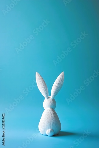Obraz na płótnie White, patterned rabbit turned around facing the bright blue background. Easter, trendy, copy space, minimalistic concept. w salonie