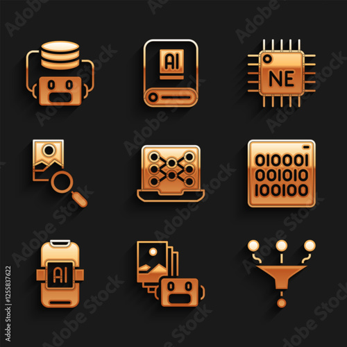 Set Neural network, Artificial intelligence robot, Funnel filter, Binary code, AI, Photo retouching, Processor CPU and icon. Vector