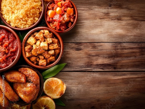 Authentic Puerto Rican Cuisine Spread with Vibrant Colors and Rich Textures on Rustic Wooden Background