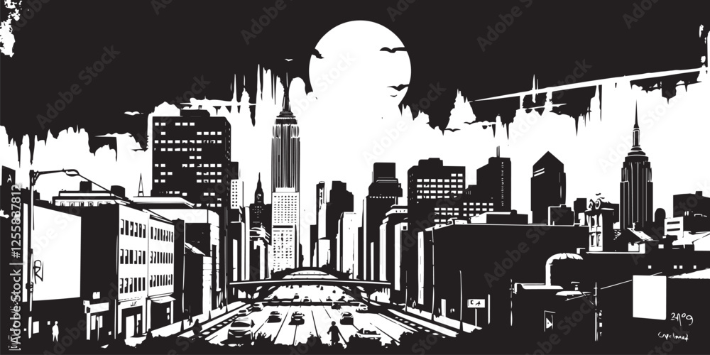 Obraz premium City landscape. Line urban backdrop. Different buildings on street, outline cityscape hand sketch, flat houses. Hand drawn vector illustration