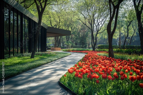 A scenic garden path lined with vibrant red tulips and modern architecture, surrounded by lush greenery under soft sunlight, blending nature and contemporary design