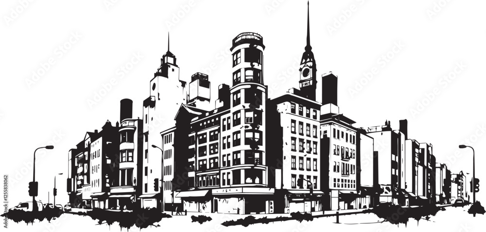 Obraz premium City landscape. Line urban backdrop. Different buildings on street, outline cityscape hand sketch, flat houses. Hand drawn vector illustration