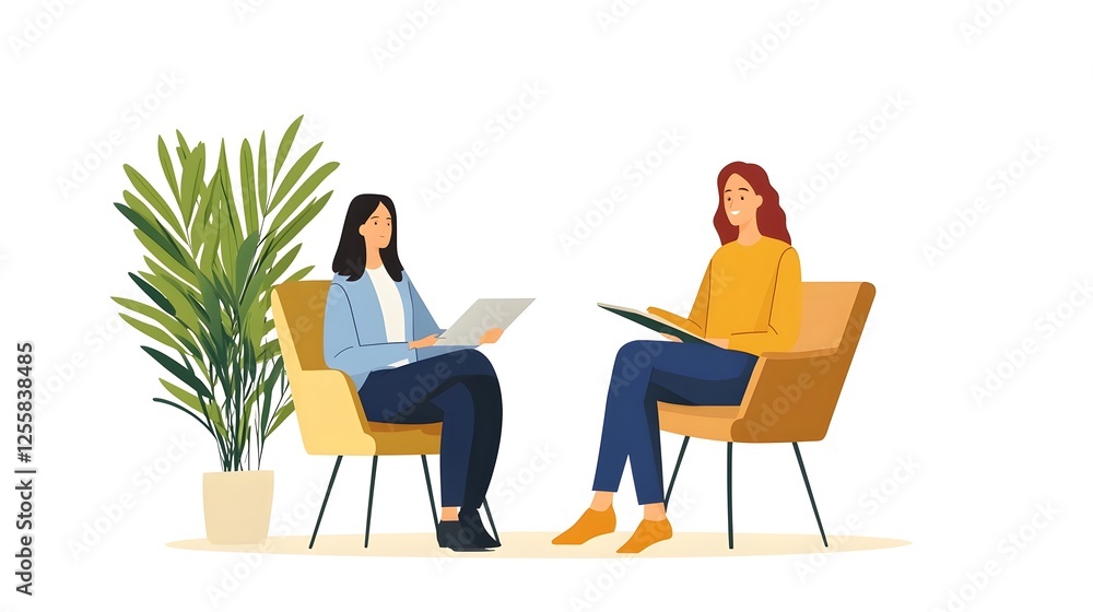 Marketer Conducting One-on-One Product Feedback Interview with Customer in Casual Office Setting Marketer Conducting One-on-One Product Feedback Interview with Customer in Casual Office Setting