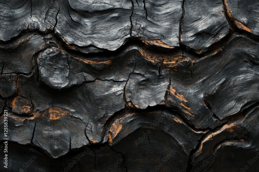 Close-up of dark, textured wood with deep cracks and wavy grain patterns, showing signs of burning or weathering. Close-up of dark, textured wood with deep cracks and wavy grain patterns, showing signs of burning or weathering.