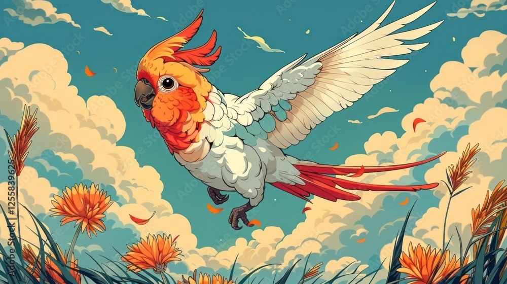Fototapeta premium A colorful, whimsical illustration of a flying bird amidst clouds and flowers.