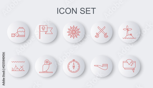 Set line Pirate hat, Sunken ship, Ship steering wheel, Smoking pipe, game dice, flag with skull, parrot and Compass icon. Vector