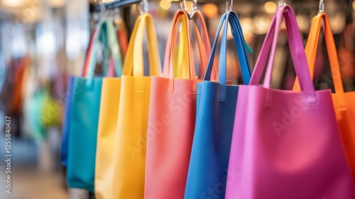 Colorful tote bags hanging in a retail shop, blurred background of store photo