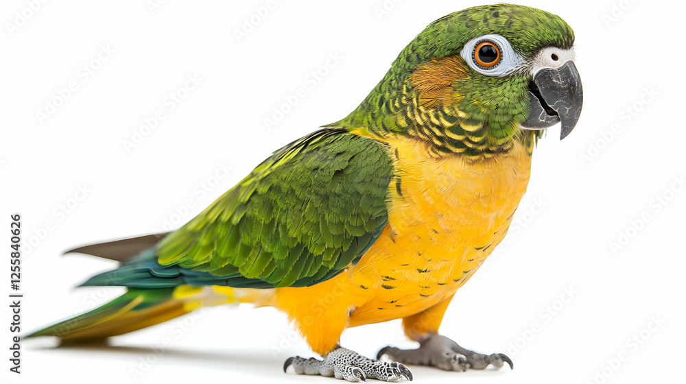Photo Colorful Parrot Green Yellow Feathers Beak White Background