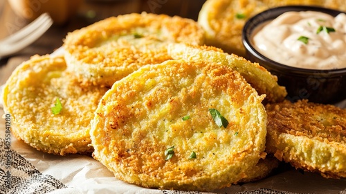 Fried green tomatoes, rustic kitchen, crispy, dipping sauce, appetizer