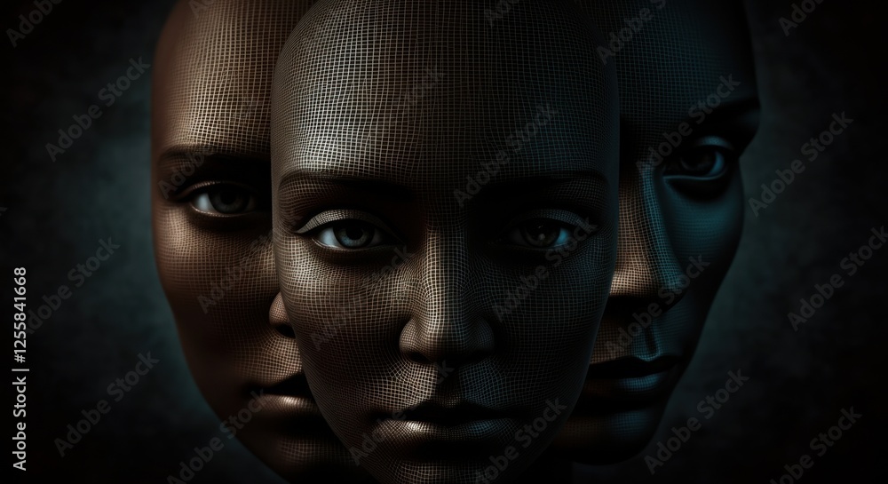 Fototapeta premium Abstract representation of three human-like faces in a dark, textured design