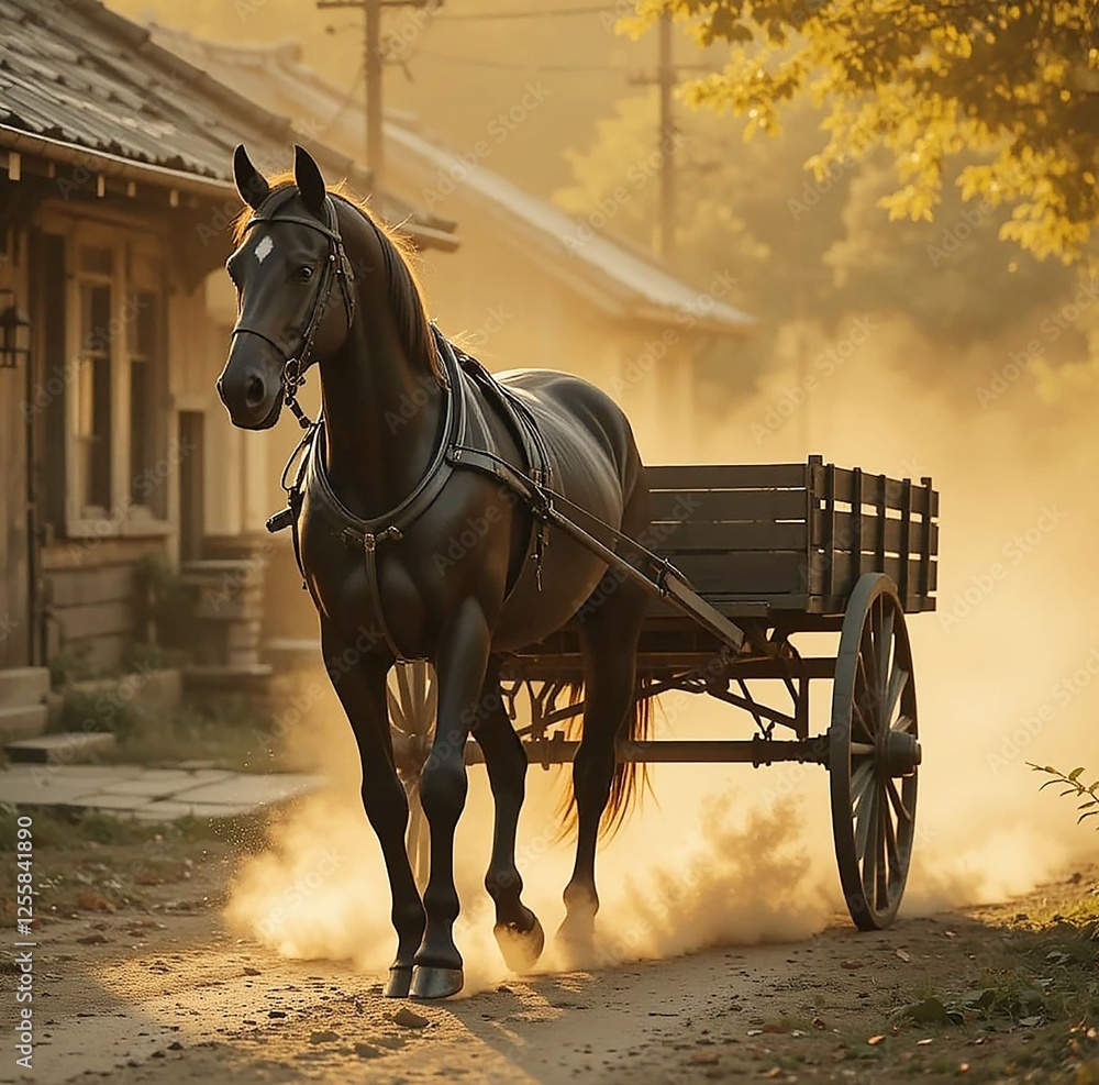 Elegant Black Horse Pulling a Wooden Cart Elegant Black Horse Pulling a Wooden Cart