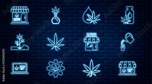Set line Online buying marijuana, Watering can, Marijuana or cannabis leaf oil, Planting, and store, and Test tube with icon. Vector