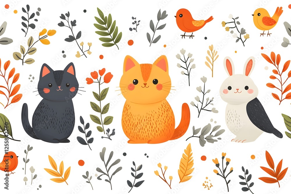 Naklejka premium Cute cats, birds, and a bunny surrounded by autumnal foliage.