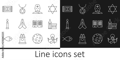 Set line Jesus Christ, Church building, Man with third eye, Hands praying position, Burning candle, Traditional carpet, The commandments and Star of David necklace chain icon. Vector