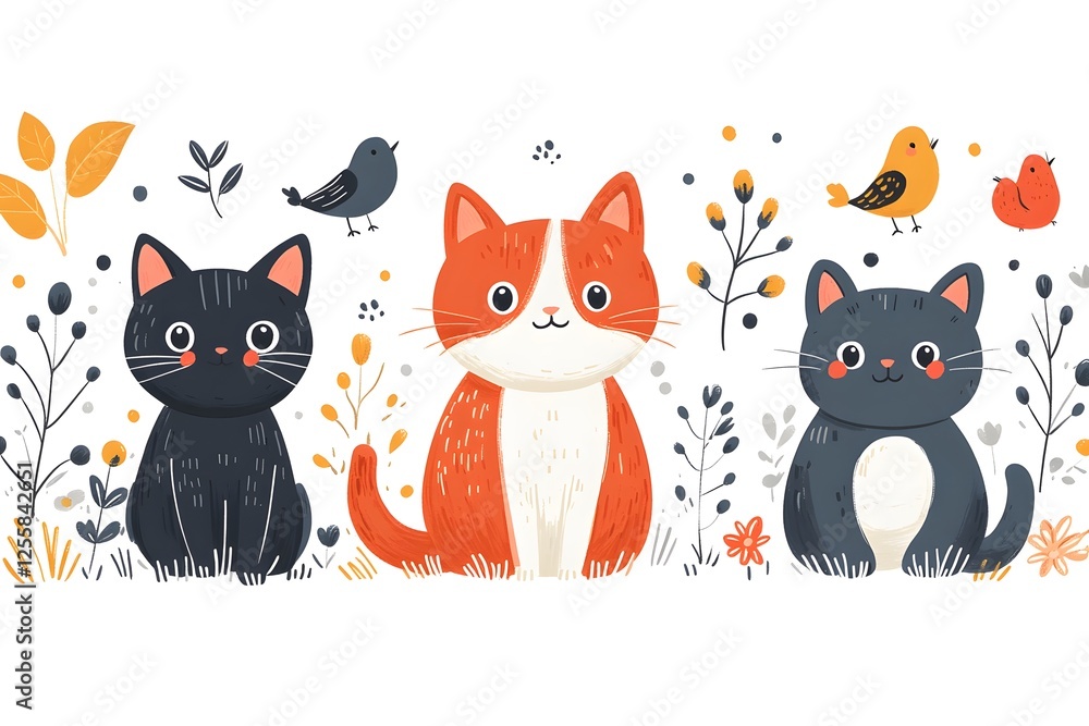 Obraz premium Cute Cats and Birds in a Floral Setting