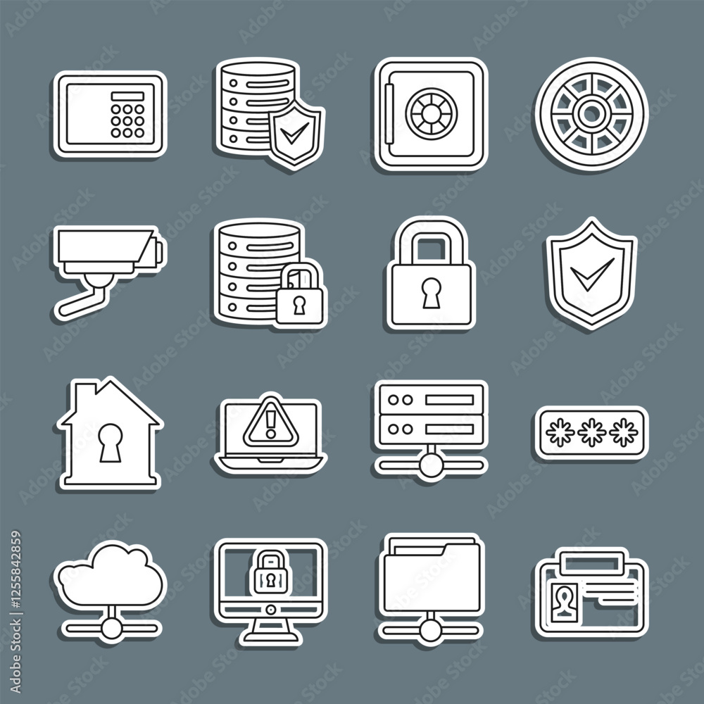 Set line Identification badge, Password protection, Shield with check mark, Safe, Server security lock, Security camera, and Lock icon. Vector Set line Identification badge, Password protection, Shield with check mark, Safe, Server security lock, Security camera, and Lock icon. Vector