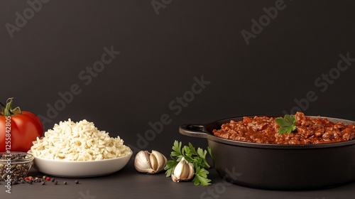 Authentic Zimbabwean Cuisine with Savory Dish, Rice, Garlic, and Fresh Tomatoes on Elegant Dark Background photo